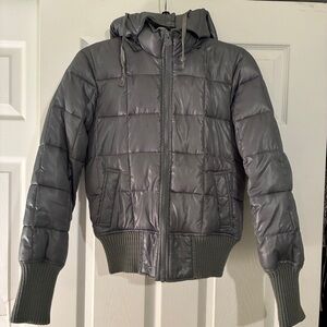 Old Navy Silver Puffer Bomber Fleece Lined Jacket w Hood Womens